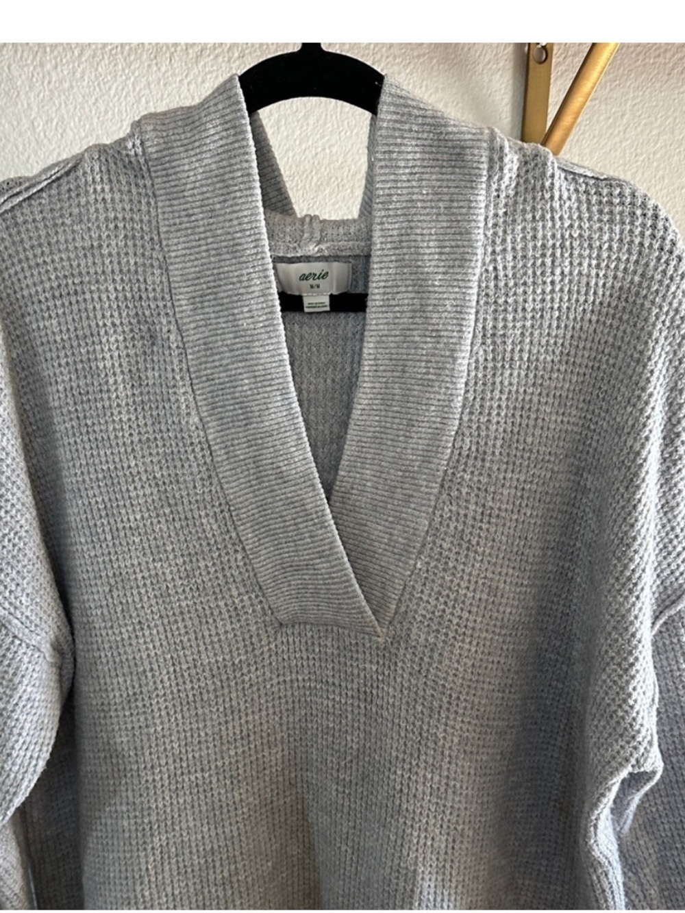 Aerie CozyUp Grey Medium waffle-knit Hooded V-neck sweater - Picture 2 of 10